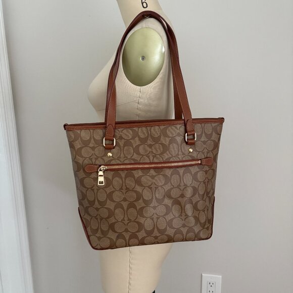 Coach Brown Signature Logo Coated Canvas Shoulder Bag F34603 ZipTop Tote - Picture 3 of 12